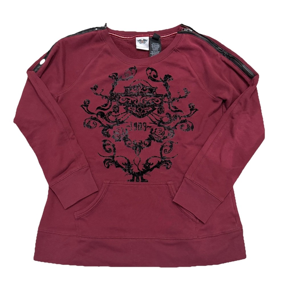 Harley Davidson L Sweatshirt Grape Zinfandel Maroon Black Zip Shoulder Crewneck